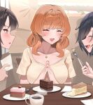  3girls black_hair blush brown_eyes brown_hair cake cake_slice closed_eyes cup earrings eating food fork highres holding holding_fork indoors jewelry looking_at_another multiple_girls napkin office_lady original own_hands_together pink_nails plate shirt short_sleeves shougun_(chuckni1) sitting table teacup yellow_shirt 