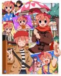  1boy 3girls absurdres bag beach bendedede blue_eyes blue_kimono blue_overalls blush bow bread_bun brown_coat brown_hair brown_kimono bush closed_eyes coat doki_doki_literature_club eating festival food hair_bow hair_ornament hair_ribbon hairclip highres holding holding_food holding_umbrella jacket japanese_clothes kimono lantern long_hair looking_at_viewer multiple_girls natsuki_(doki_doki_literature_club) open_mouth overalls palm_tree peacoat pink_hair pointing protagonist_(doki_doki_literature_club) purple_hair red_bow ribbon sand satchel sayori_(doki_doki_literature_club) scarf school_uniform shirt short_hair short_twintails smile snowing starry_background striped_clothes striped_shirt tree twintails umbrella watch watch water yukata yuri_(doki_doki_literature_club) 