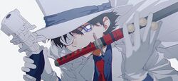 1boy ball biting black_hair gloves gun hat highres hilt holding holding_gun holding_weapon itomaki_(itoma_11010) kaitou_kid katana looking_at_viewer magic_kaito male_focus monocle necktie red_necktie solo suit sword violet_eyes weapon white_gloves white_hat white_suit 