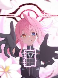  1girl absurdres black_coat black_gloves black_halo blue_archive blue_eyes blush buttons clenched_teeth coat commentary_request crying crying_with_eyes_open dark_halo double-breasted flower gloves halo hands_up heterochromia highres hoshino_(blue_archive) hoshino_terror_(blue_archive) k-d medium_hair orange_eyes parted_lips pink_hair pink_halo reaching reaching_towards_viewer spoilers tears teeth upper_body white_flower 