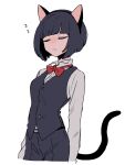  1girl :&lt; animal_ear_hairband animal_ears black_hair bow bowtie cat_ear_hairband cat_ears closed_eyes cropped_legs fake_animal_ears fake_tail hairband long_sleeves maco22 original popped_collar short_hair sleeping sleeping_upright solo tail traditional_bowtie vest 