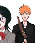  1boy 1girl :o black_hair black_kimono bleach blurry blush_stickers bow bowtie brown_eyes closed_mouth collared_shirt commentary_request depth_of_field food_request frown grey_jacket gwao_(_ul_13) hair_between_eyes jacket japanese_clothes katana kimono korean_commentary kuchiki_rukia kurosaki_ichigo long_sleeves looking_at_another medium_hair open_mouth orange_hair red_bow red_bowtie school_uniform shirt short_hair simple_background solo_focus spiky_hair straight_hair surprised sword upper_body v-shaped_eyebrows weapon white_background white_shirt wide-eyed wide_sleeves 