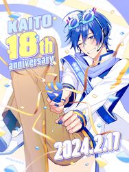  1boy anniversary blue_eyes blue_hair blue_nails blue_sash blue_scarf blush brown_pants character_name coat commentary confetti dated english_text eyewear_on_head feet_out_of_frame glasses grid_background hair_between_eyes headset highres kaito_(vocaloid) knees_up long_sleeves looking_at_viewer male_focus multicolored_clothes multicolored_coat nail_polish nokuhashi novelty_glasses one_eye_closed pants party_popper sash scarf shoulder_sash smile solo streamers striped_clothes striped_coat teeth twitter_username vocaloid yellow_stripes 