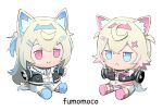  ago_(owenanaken) animal_ear_fluff black_jacket blonde_hair blue_eyes blue_footwear blue_hairband c: character_doll chibi colored_inner_animal_ears commentary cropped_jacket cropped_shirt dog_girl dog_tail dress english_commentary english_text frown full_body fumo_(doll) fuwawa_abyssgard fuwawa_abyssgard_(1st_costume) hairband hololive hololive_english jacket long_hair mococo_abyssgard mococo_abyssgard_(1st_costume) navel no_humans open_clothes open_jacket outstretched_arms pink_eyes pink_footwear pink_hairband short_hair shorts simple_background sitting smile spiked_hairband spikes spread_arms tail virtual_youtuber white_background white_dress white_shorts 