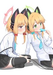  2girls absurdres animal_ear_headphones animal_ears black_skirt black_thighhighs blonde_hair blue_archive blue_bow blue_necktie bow cat_ear_headphones controller fake_animal_ears food food_in_mouth game_controller green_eyes green_halo hair_bow halo headphones highres holding holding_controller holding_food holding_game_controller holding_popsicle low-tied_sidelocks midori_(blue_archive) momoi_(blue_archive) multiple_girls necktie olecafe2 pink_eyes pink_halo popsicle popsicle_in_mouth red_bow shirt siblings simple_background sisters skirt sweat thigh-highs twins white_background white_shirt 