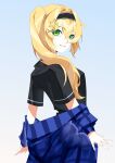  absurdres black_hairband black_shirt blonde_hair blue_jacket cowboy_shot dokibird_(vtuber) double-parted_bangs green_eyes grin hair_between_eyes hair_intakes hair_ornament hairband hashtag-only_commentary highres indie_virtual_youtuber jacket jacket_partially_removed long_hair looking_at_viewer looking_back mafrn3_(g03s) shirt short_sleeves side_ponytail sidelocks simple_background smile star_(symbol) star_hair_ornament striped_clothes striped_jacket teeth vertical-striped_clothes vertical-striped_jacket virtual_youtuber white_background x_hair_ornament 