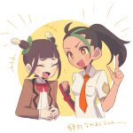  +++ +_+ 2girls :d ann_(pokemon) blunt_bangs blush bow bowtie brown_hair brown_jacket clenched_hand closed_eyes collared_shirt commentary_request eyelashes fang gloves green_hair green_ribbon hair_ribbon highres index_finger_raised jacket multicolored_hair multiple_girls necktie nemona_(pokemon) noi_(noi_pk27) open_clothes open_jacket open_mouth orange_necktie pokemon pokemon_(anime) pokemon_horizons ponytail puff_of_air red_bow red_bowtie ribbon shirt sidelocks single_glove skin_fang smile tearing_up translation_request two-tone_hair two_side_up white_shirt 