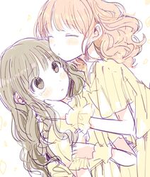  2girls blush brown_hair closed_eyes hand_on_another&#039;s_face hug long_hair multiple_girls open_mouth pop&#039;n_music rie-chan sanae-chan sgwyi shirt tears wavy_hair white_background wrist_cuffs yellow_shirt yuri 