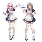  2girls ;d absurdres alternate_costume apron arm_up bare_legs black_dress black_footwear blue_eyes cocktail_glass cup dress drinking_glass enmaided frilled_apron frills full_body gloves hair_intakes hand_up highres holding holding_tray honkai:_star_rail honkai_(series) kwkunai looking_at_viewer maid maid_headdress march_7th_(honkai:_star_rail) medium_hair multiple_girls one_eye_closed open_mouth pink_hair puffy_short_sleeves puffy_sleeves shoes short_sleeves simple_background smile socks standing stelle_(honkai:_star_rail) trailblazer_(honkai:_star_rail) tray violet_eyes white_apron white_background white_gloves white_socks 