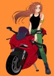  1girl absurdres alternate_costume bandaid bandaid_on_face bandana bandana_around_arm black_footwear black_tank_top bleach boots breasts brown_eyes brown_hair clothes_around_waist commentary ducati floating_hair green_jumpsuit highres inoue_orihime jumpsuit large_breasts long_hair looking_to_the_side motor_vehicle motorcycle on_motorcycle orange_background symbol-only_commentary tank_top wind yellow_bandana yshjsw 