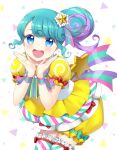  1girl :d blue_eyes blue_hair blush commentary_request frilled_thighhighs frills hair_bun hair_ornament hands_up idol_clothes leaning_forward looking_at_viewer multicolored_hair open_mouth pinon_(pripara) pretty_series pripara puffy_short_sleeves puffy_shorts puffy_sleeves purple_hair shirt short_sleeves shorts shouting_with_hands sidelocks single_side_bun smile solo standing star_(symbol) star_hair_ornament streaked_hair thigh-highs unya_(unya-unya) white_background winding_key yellow_shirt 