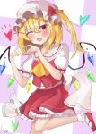  1girl absurdres ascot blonde_hair blush cowboy_shot crystal_wings dress finger_heart flandre_scarlet hat hat_ribbon heart highres hope_(ozeusama3983) looking_at_viewer mob_cap one_eye_closed open_mouth puffy_short_sleeves puffy_sleeves red_dress red_eyes red_ribbon ribbon short_sleeves side_ponytail solo touhou white_mob_cap yellow_ascot 