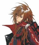  1boy bangle blue_eyes bracelet brown_hair closed_mouth crisis_core_final_fantasy_vii dirge_of_cerberus_final_fantasy_vii final_fantasy final_fantasy_vii genesis_rhapsodos gloves hair_between_eyes hand_on_own_face highres jacket jewelry long_hair long_sleeves male_focus messy_hair moyanwxy portrait red_gloves red_jacket solo upper_body white_background 