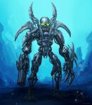  arm_blade arm_cannon bionicle full_body glowing glowing_eyes green_eyes highres humanoid_robot hydraxon_(bionicle) kory_cromie looking_at_viewer mask robot science_fiction standing the_lego_group underwater weapon 