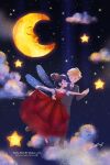  1girl adrien_agreste ann_e7s blonde_hair blue_eyes blue_hair closed_mouth clouds cloudy_sky dancing dress fairy_wings green_eyes grey_vest hair_bun happy highres looking_at_another marinette_dupain-cheng miraculous_ladybug moon night night_sky polka_dot red_dress red_footwear sky smile star_(sky) vest wings 