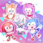  2girls 3boys abstract_background amy_rose aqua_eyes blue_eyes chibi commentary highres hoshinekirakira knuckles_the_echidna multiple_boys multiple_girls one_eye_closed open_mouth sage_(sonic) smile sonic_(series) sonic_frontiers sonic_the_hedgehog spoilers tails_(sonic) violet_eyes white_hair 