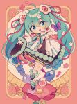  1girl absurdly_long_hair absurdres amagi_hana blue_eyes blue_hair braid bug butterfly dress flower full_body gradient_hair hair_flower hair_ornament hatsune_miku highres long_hair long_sleeves looking_at_viewer low-braided_long_hair low-tied_long_hair magical_mirai_miku magical_mirai_miku_(2021) multicolored_hair open_mouth reaching reaching_towards_viewer rose smile socks solo standing standing_on_one_leg twintails very_long_hair vocaloid 
