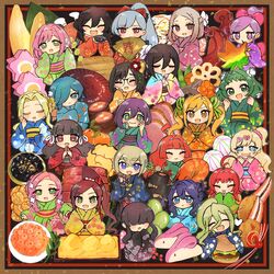  6+girls animal-themed_food aqua_kimono baio_rin black_kimono blue_kimono bonnouji_momoha burger cup deformed eiai_nano fish_(food) floral_print folding_fan food food_request fruit green_kimono ham hanazono_hahari hanazono_hakari hand_fan haraga_kurumi highres holding holding_cup holding_fan holding_umbrella iin_chiyo ikura_(food) inda_karane japanese_clothes kakure_meme kedarui_aashii kimi_no_koto_ga_dai_dai_dai_dai_daisuki_na_100-nin_no_kanojo kimono lotus_root_slice mandarin_orange meido_mai meido_mei momi_momiji multicolored_clothes multicolored_kimono multiple_girls nakaji_uto octopus orange_kimono osechi oversized_food oversized_object oyomidtarumi pink_kimono purple_kimono red_kimono sakazuki shrimp sutou_iku torotoro_kishika umbrella utsukushisugi_mimimi yakuzen_kusuri yakuzen_yaku yamato_nadeshiko_(hyakkano) yasashiki_yamame yellow_kimono yoshimoto_shizuka 