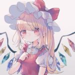  1girl ascot bat_wings blonde_hair bow crystal flandre_scarlet hat hat_bow hat_ribbon hiyuu_(hiyualice) mob_cap multicolored_wings red_eyes ribbon skirt solo touhou upper_body white_background wings 