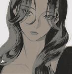  1girl collarbone expressionless eyelashes eyes_visible_through_hair greyscale hair_over_shoulder highres lipstick long_hair looking_at_viewer makeup monochrome original oxi206 parted_lips shirt simple_background solo upper_body wavy_hair white_background 