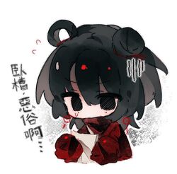  1girl black_eyes black_hair chibi chibi_only chinese_commentary chinese_text commentary_request earrings flying_sweatdrops gloom_(expression) hair_between_eyes hair_bun hair_ribbon high_collar holding holding_paper jacket jewelry li_yuting_(female) long_sleeves medium_hair mole mole_under_each_eye mole_under_eye multiple_moles paper red_jacket red_ribbon ribbon shenme_(jiukonglan) single_hair_bun single_hair_ring sleeves_past_fingers sleeves_past_wrists solo sweat touqi_guaitan translation_request 