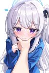  1girl 1other absurdres blue_archive blue_halo blue_hoodie blush braid closed_mouth drawing_flover halo highres hood hood_down hoodie long_hair looking_at_viewer meme miyako_(blue_archive) miyako_(young)_(blue_archive) one_side_up pov_cheek_grabbing_(meme) simple_background solo_focus upper_body violet_eyes white_background white_hair 