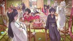  3boys 6+girls abarai_renji absurdres aroused_nosebleed ass bankai birthday_cake black_hair black_kimono bleach bleach:_epilogue bleach:_fade_to_black bleach:_sennen_kessen-hen blood book bookshelf breasts cake carrot chair chappy character_doll cloak commentary confetti crossed_arms dark_rukia detached_sleeves english_commentary flower food grey_hair hakka_no_togame_(bankai) haori happy_birthday hat highres holding holding_book japanese_clothes kimono kon_(bleach) kuchiki_byakuya kuchiki_rukia kurosaki_ichigo long_hair looking_at_viewer manga_(object) mini_party_hat multiple_boys multiple_girls multiple_persona nosebleed official_alternate_costume open_book party_hat poster_(object) school_uniform short_hair small_breasts spit_take spitting streamers table taichou_haori time_paradox turban vase violet_eyes waligner white_hair 