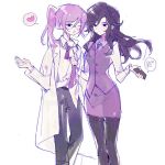  16personalities 2girls cellphone closed_mouth coat collared_shirt couple glasses hair_between_eyes hair_down hand_up heart highres holding holding_phone jingwosuonengba lab_coat light_blush long_hair long_sleeves looking_at_another multiple_girls myers-briggs_type_indicator necktie one_eye_closed open_clothes open_coat open_mouth pants pantyhose phone ponytail purple_hair purple_necktie purple_pants purple_pantyhose purple_skirt purple_vest shirt simple_background skirt speech_bubble spoken_heart standing vest violet_eyes white_background white_shirt yuri 
