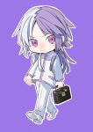  1boy absurdres bag bungou_stray_dogs full_body highres long_sleeves medium_hair multicolored_hair purple_background purple_trim r1kuuw school_bag shirt shoes sigma_(bungou_stray_dogs) split-color_hair violet_eyes white_footwear white_shirt 