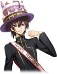  1boy artist_request birthday birthday_sash black_hair buttons clothes_writing code_geass code_geass:_lost_stories cropped_torso english_text game_cg hair_between_eyes hand_up happy happy_birthday hat highres layered_sleeves lelouch_vi_britannia long_sleeves male_focus multicolored_clothes multicolored_hat non-web_source official_art parted_lips sash school_uniform short_hair shoulder_sash sidelocks simple_background smile solo standing teeth top_hat transparent_background upper_body violet_eyes 
