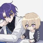  2boys aged_down aventurine_(honkai:_star_rail) bandaid bandaid_on_face black_shirt blonde_hair blue_hair collared_shirt dr._ratio_(honkai:_star_rail) glasses hair_between_eyes hair_ornament highres holding holding_pencil honkai:_star_rail honkai_(series) long_sleeves male_focus multicolored_eyes multiple_boys official_alternate_costume paper pencil ru1_gnsn shirt short_hair two-tone_eyes 