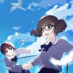  2girls bird blue_bow blue_bowtie blue_eyes blue_shirt blue_skirt blue_sky blush bow bowtie brown_hair chinese_commentary clouds commentary_request day girls_band_cry glasses highres hina_(girls_band_cry) holding_hands iseri_nina long_sleeves low_twintails multiple_girls open_mouth outdoors sailor_collar school_uniform serafuku shirt short_hair short_twintails skirt sky teeth twintails upper_teeth_only white_sailor_collar yun_cao_bing 