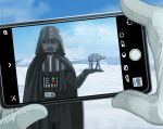  1boy amor at-at black_cape blue_sky cape cellphone clouds cloudy_sky darth_vader forced_perspective gloves happy helmet male_focus mosuke_2 phone pov pov_hands sky snow snowtrooper solo_focus standing star_wars star_wars:_the_empire_strikes_back taking_picture white_gloves 