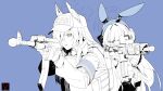  2girls absurdres aiming animal_ear_fluff animal_ear_hairband animal_ears armband asimo_(hakurei10201) assault_rifle blue_archive blue_armband blue_background blue_eyes blue_hairband bulletproof_vest clenched_teeth dog_ears ears_through_headwear extra_ears fake_animal_ears gloves gun hairband halo highres holding holding_gun holding_weapon kanna_(blue_archive) laser_sight long_hair multiple_girls notched_ear optical_sight partially_colored rabbit_ears rifle sharp_teeth teeth toki_(blue_archive) toki_(bunny)_(blue_archive) weapon 