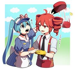  2girls ahoge apron black_eyes black_necktie blue_dress blue_hair border bug butterfly commentary_request cowboy_shot dress drill_hair gloves hat hatsune_miku highres holding holding_clothes holding_hands holding_hat kasane_teto long_hair mesmerizer_(vocaloid) multiple_girls necktie open_mouth outside_border puffy_short_sleeves puffy_sleeves red_eyes redhead sato_(r017xts117) sharp_teeth shirt short_sleeves smile striped_clothes striped_shirt suspenders sweat teeth tongue tongue_out translated twin_drills twintails unworn_hat unworn_headwear utau very_long_hair vocaloid white_apron white_border yellow_gloves 