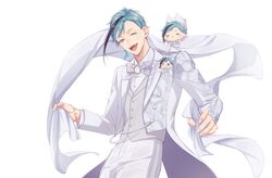  1boy blue_hair character_doll cowboy_shot floyd_leech grey_vest highres holding looking_at_viewer male_focus michihito one_eye_closed sharp_teeth shawl short_hair simple_background solo suit teeth twisted_wonderland vest white_background white_suit yellow_eyes 