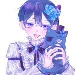  1boy :p animal beads bishounen black_ribbon black_vest blue_eyes blue_ribbon bushuohua777 cat ciel_phantomhive earrings eyepatch flower gem hair_beads hair_between_eyes hair_flower hair_ornament hair_ribbon hat hat_ribbon highres holding holding_animal holding_cat jewelry jitome kuroshitsuji looking_at_viewer male_focus mini_hat mini_top_hat ribbon shirt short_hair simple_background tongue tongue_out top_hat upper_body vest victorian white_background white_shirt 