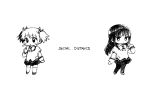  2girls :o akemi_homura bow bowtie chibi clenched_hand closed_mouth collared_shirt coronavirus_pandemic english_text expressionless full_body greyscale hair_ribbon hairband hand_in_own_hair hand_on_own_chin high_collar highres juliet_sleeves kaname_madoka lace-trimmed_shirt lace-trimmed_sleeves lace_trim light_blush long_hair long_sleeves looking_ahead looking_at_viewer mahou_shoujo_madoka_magica mahou_shoujo_madoka_magica_(anime) miniskirt mitakihara_school_uniform monochrome multiple_girls no+bi= pantyhose parted_lips pleated_skirt pocket puffy_sleeves ribbon school_uniform shirt shoes short_hair short_twintails simple_background skirt social_distancing studded_hairband thigh-highs twintails white_background 