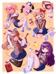  4girls ^_^ animal-themed_food artist_name black_thighhighs blazer blonde_hair blue_skirt blush_stickers book border bow box bread bread_slice brown_hair bunijayy buttons chocolate_chip_cookie closed_eyes closed_mouth collared_shirt commentary cookie crossed_legs cup cupcake cursor dated doki_doki_literature_club dotted_line drink english_commentary food fried_egg fried_egg_on_toast full_body grey_jacket grin hair_bow hair_ornament hair_ribbon hairclip hands_on_lap hands_on_own_chest heart highres holding holding_book holding_drink holding_pen holding_saucer jacket kneehighs layered_sleeves long_hair long_sleeves mary_janes miniskirt monika_(doki_doki_literature_club) multiple_girls natsuki_(doki_doki_literature_club) neck_ribbon notebook open_book open_clothes open_jacket orange_background outside_border pen pink_eyes pink_hair pixel_art pleated_skirt ponytail purple_hair red_bow red_ribbon ribbon saucer sayori_(doki_doki_literature_club) school_uniform shirt shoes short_hair sidelocks simple_background skirt smile smirk snack socks speed_lines spilling stuffed_animal stuffed_cow stuffed_duck stuffed_toy tea teacup thigh-highs toast tress_ribbon two_side_up very_long_hair vest white_border white_bow white_footwear white_shirt white_socks yellow_vest yuri_(doki_doki_literature_club) 