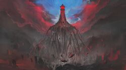  blue_sky building clouds cloudy_sky commentary_request debris floating highres kohata_(kohatazuke) lighthouse no_humans original outdoors plant_roots sky 