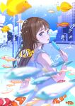  1girl absurdres air_bubble blue_eyes blue_sky brown_hair bubble building city clouds clownfish day dress fish food highres holding holding_food holding_popsicle long_hair nap_on_a_cloud original popsicle sky solo tropical_fish white_dress 