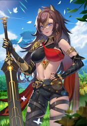  1girl armor asymmetrical_gloves asymmetrical_pants bandeau beacon_of_the_reed_sea_(genshin_impact) belt black_bandeau black_belt black_gloves black_pants blue_eyes blue_sky breasts brown_hair bug butterfly cape commentary_request cowboy_shot crossed_bangs dehya_(genshin_impact) earrings elbow_gloves fingerless_gloves genshin_impact gloves gold_armlet gold_choker grass hair_between_eyes hair_ears hair_intakes hand_on_own_hip highres holding holding_sword holding_weapon jewelry long_hair longyu_(17767756) looking_at_viewer medium_breasts midriff nail_polish navel open_mouth outdoors pants pauldrons planted planted_sword red_bandeau red_cape red_nails shoulder_armor single_fingerless_glove single_pauldron sky smile solo standing sword teeth thigh_strap torn_clothes torn_pants triangle_earrings upper_teeth_only weapon 