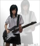  1girl black_skirt dark-skinned_female dark_skin electric_guitar fender_stratocaster funnytoss guitar guitar_strap holding holding_guitar holding_instrument instrument magnification medium_hair multiple_views original playing_guitar school_uniform shirt skirt solo taiwan taiwanese_school_uniform tan white_background white_shirt zoom_layer 