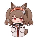  1girl angelina_(arknights) animal_ear_fluff animal_ears arknights black_gloves black_shirt blush brown_hair chibi cropped_torso flying_sweatdrops gloves grey_jacket hairband hands_up jacket long_sleeves lowres lxjun_09 nervous_smile open_clothes open_jacket puffy_long_sleeves puffy_sleeves red_hairband shirt simple_background smile solo striped_clothes striped_hairband tail turn_pale twintails upper_body white_background 