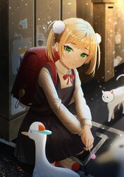  1girl absurdres backpack bag bird blonde_hair bow bowtie cat closed_mouth dress goose hae_2429 hair_ornament highres indie_virtual_youtuber long_sleeves pom_pom_(clothes) pom_pom_hair_ornament red_bow red_bowtie red_ribbon ribbon shigure_ui_(vtuber) shigure_ui_(vtuber)_(young) shirt shukusei!!_loli-kami_requiem smile twintails virtual_youtuber white_shirt 