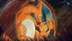  blue_eyes blurry blurry_background charizard charmander colored_skin commentary_request dark_background dragon fangs fiery_tail grass highres holding_own_tail lizard nature nemui34575956 orange_skin outdoors pokemon pokemon_(creature) tail tearing_up thunder tree 