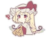  1girl :o ? ascot blonde_hair bow brown_outline collared_shirt commentary cropped_torso crystal_wings drill_hair flandre_scarlet flat_color frilled_hat frilled_skirt frills hat hat_bow long_hair mob_cap parted_lips pointy_ears red_bow red_eyes red_vest shirt side_ponytail skirt solo touhou transparent_background usamata vest white_hat white_shirt yellow_ascot 