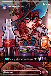  1girl animal_ears aurora_(league_of_legends) bare_shoulders black-framed_eyewear black_hat blue_hat bottle coca-cola ears_through_headwear fingerless_gloves food glasses gloves grey_gloves gwen_(league_of_legends) hat highres instagram_story league_of_legends poposhirat rabbit_ears round_eyewear sitting smile taco witch_hat 