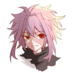  1boy black_shirt chinese_commentary closed_mouth commentary_request hair_between_eyes hair_intakes looking_at_viewer male_focus nijou_ryuu patchwork_skin pink_hair portrait red_eyes saibou_shinkyoku shirt short_hair_with_long_locks simple_background smile solo uneven_eyes white_background wolf-fdcat 