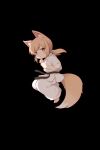 1girl absurdres animal_ear_fluff animal_ears barefoot belt black_background black_belt bright_pupils brown_eyes chinese_commentary commentary_request dot_nose dougi fox_ears fox_girl fox_tail full_body highres kuma-bound looking_at_viewer low_ponytail martial_arts_belt original pants simple_background solo tail toes white_pants white_pupils 